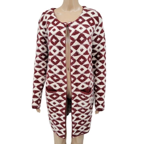 Carapace Longline Cardigan Maroon and White Geometric Aztec Pattern Women's S - Picture 1 of 12